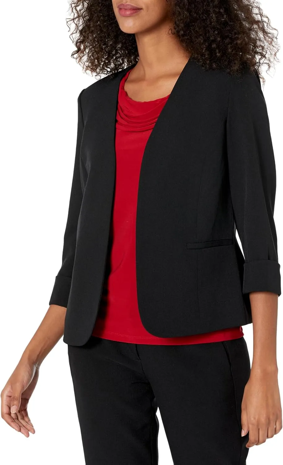 Kasper Women's Stretch Crepe Blazer  Cardigan-Style with Rolled Cuff Sleeves