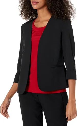 Kasper Women's Stretch Crepe Blazer  Cardigan-Style with Rolled Cuff Sleeves