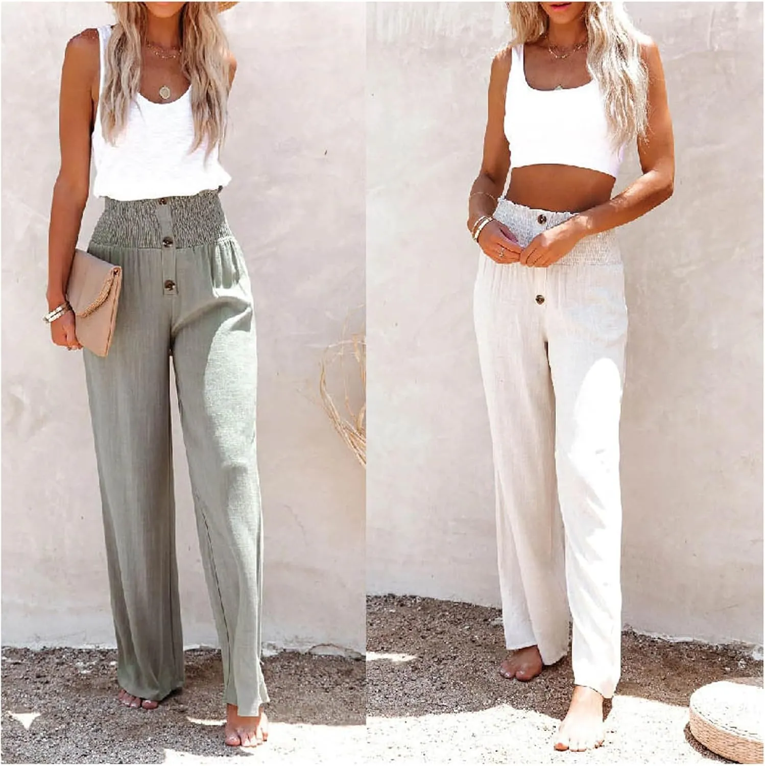 Linen Blend High Rise Smocked Pants for Women,Summer Comfort Casual Loose Trousers Elastic Wide Leg Pants with Pocket