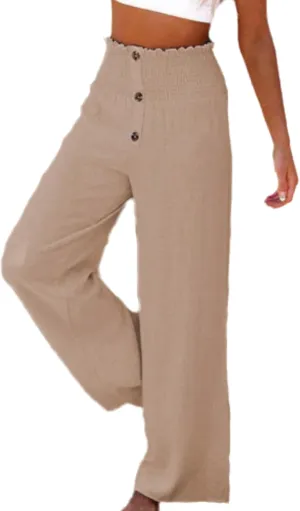 Linen Blend High Rise Smocked Pants for Women,Summer Comfort Casual Loose Trousers Elastic Wide Leg Pants with Pocket