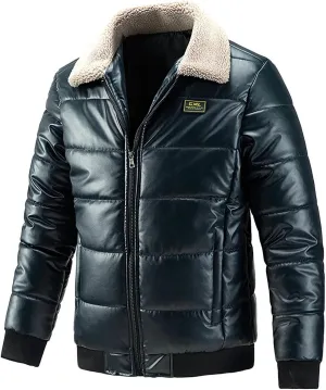 Lu's Chic Men's Faux Leather Jackets Long Sleeve Trucker Jacket Pocket Casual Windproof Quilted Jacket Snow