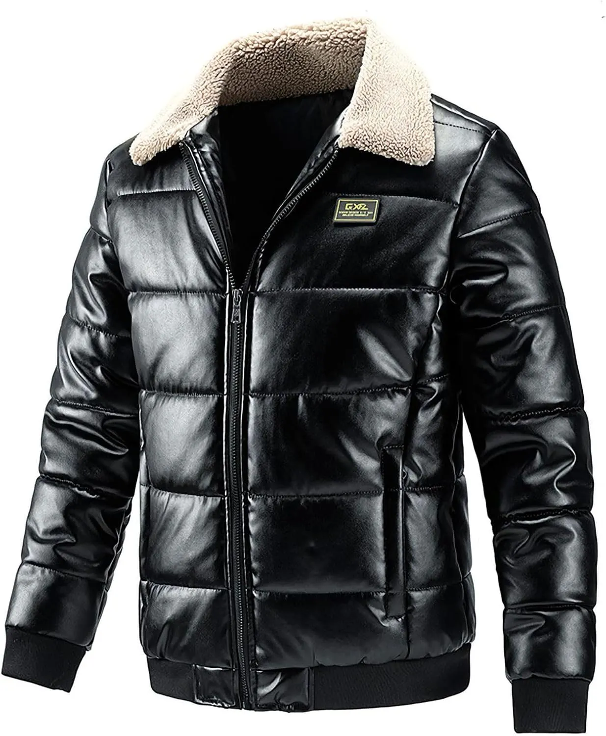 Lu's Chic Men's Faux Leather Jackets Long Sleeve Trucker Jacket Pocket Casual Windproof Quilted Jacket Snow