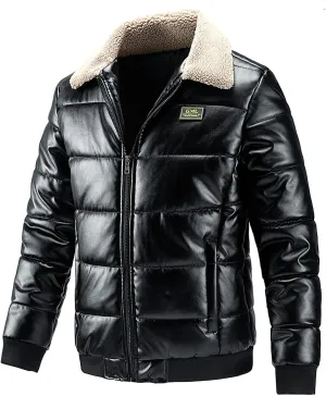 Lu's Chic Men's Faux Leather Jackets Long Sleeve Trucker Jacket Pocket Casual Windproof Quilted Jacket Snow