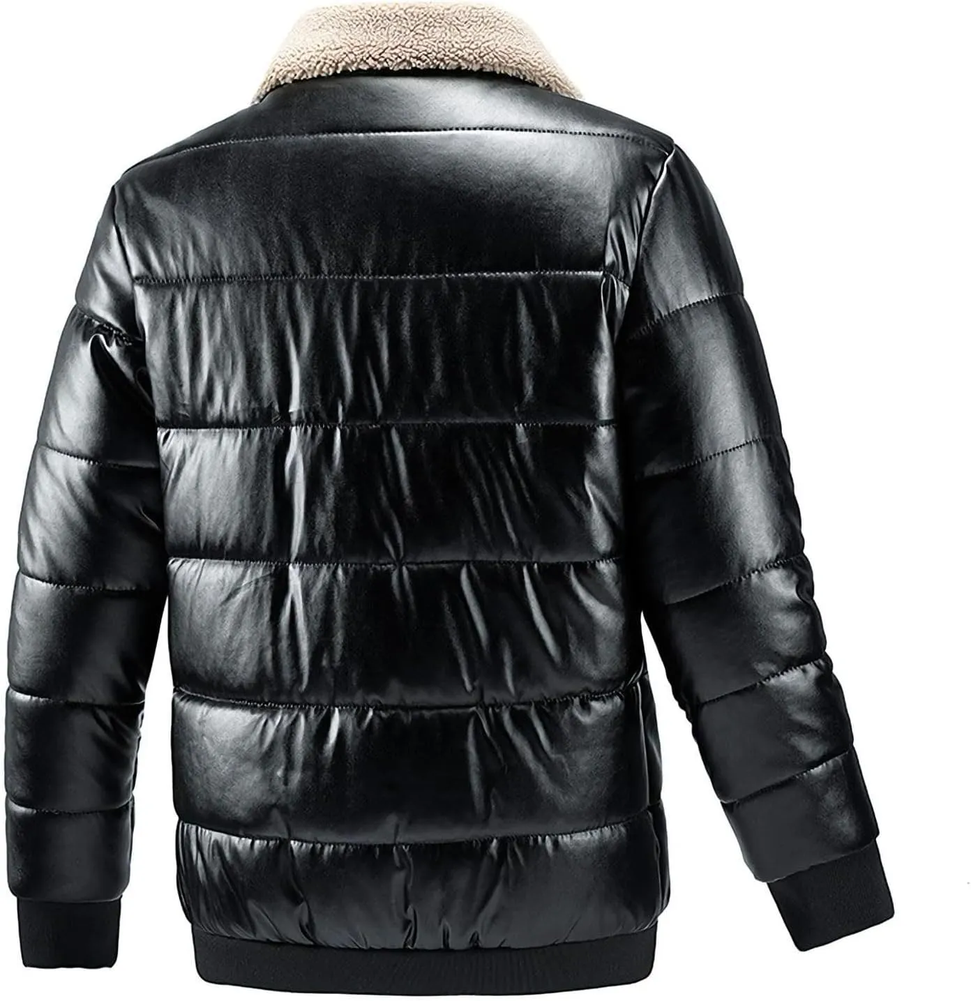 Lu's Chic Men's Faux Leather Jackets Long Sleeve Trucker Jacket Pocket Casual Windproof Quilted Jacket Snow