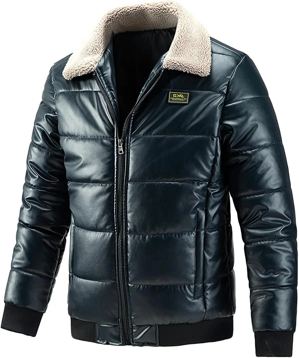 Lu's Chic Men's Faux Leather Jackets Long Sleeve Trucker Jacket Pocket Casual Windproof Quilted Jacket Snow