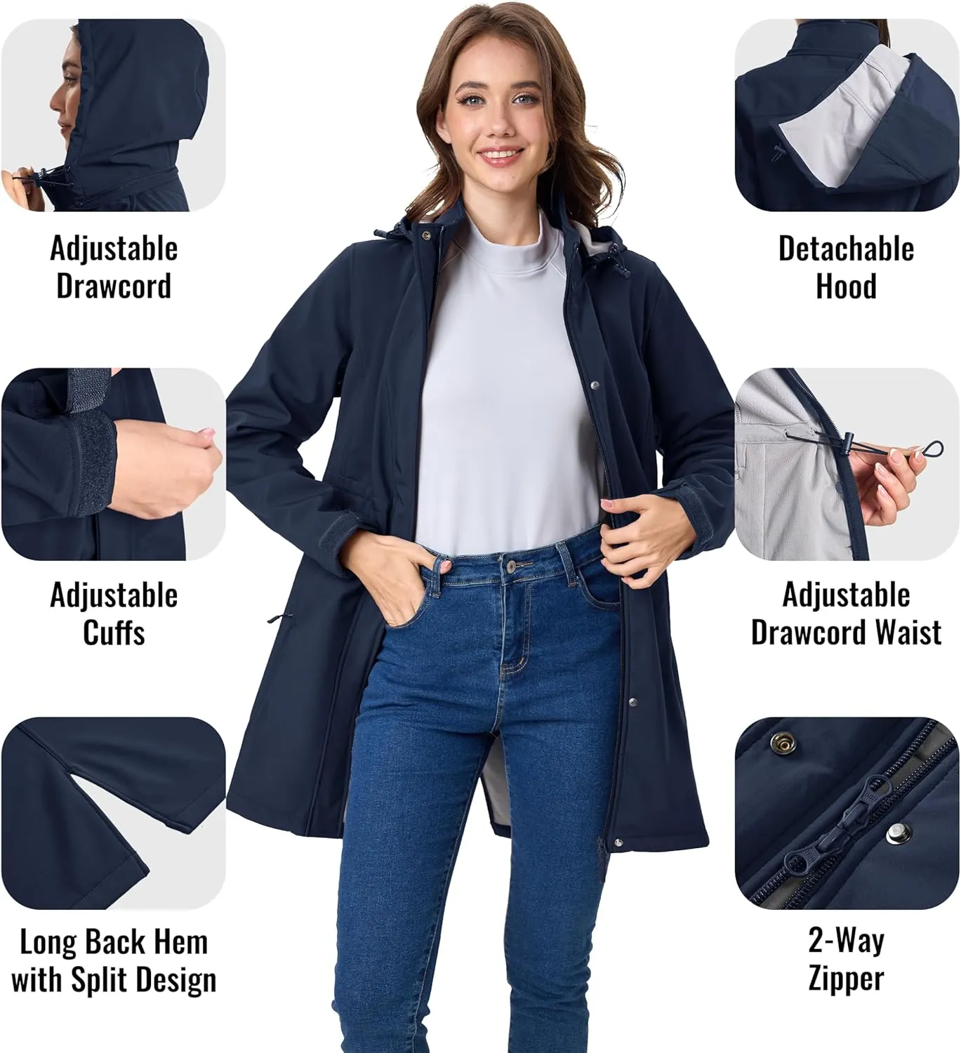 MAGCOMSEN Women's Long Fleece Lined Jackets Warm Winter Windbreaker Rain Coat Hooded Softshell Windproof Insulated