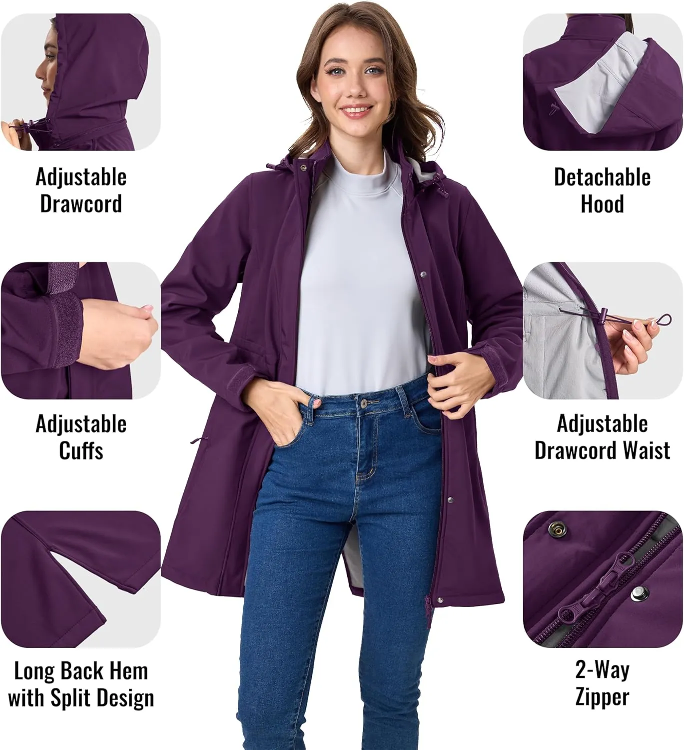 MAGCOMSEN Women's Long Fleece Lined Jackets Warm Winter Windbreaker Rain Coat Hooded Softshell Windproof Insulated