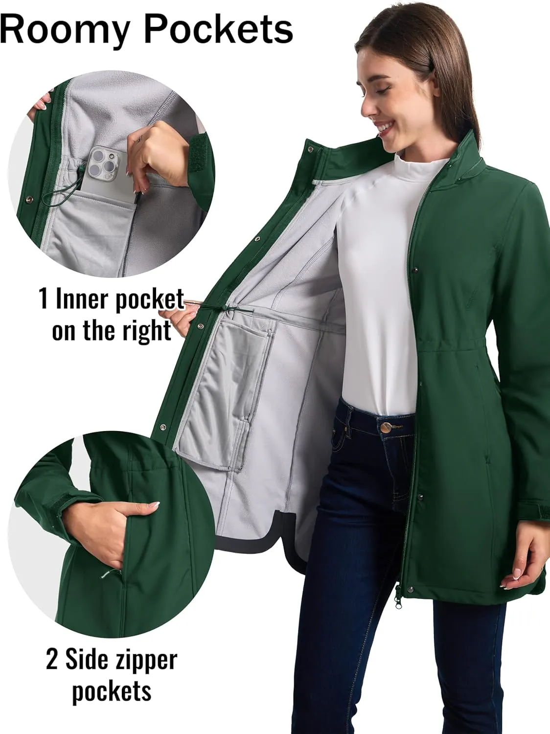 MAGCOMSEN Women's Long Fleece Lined Jackets Warm Winter Windbreaker Rain Coat Hooded Softshell Windproof Insulated