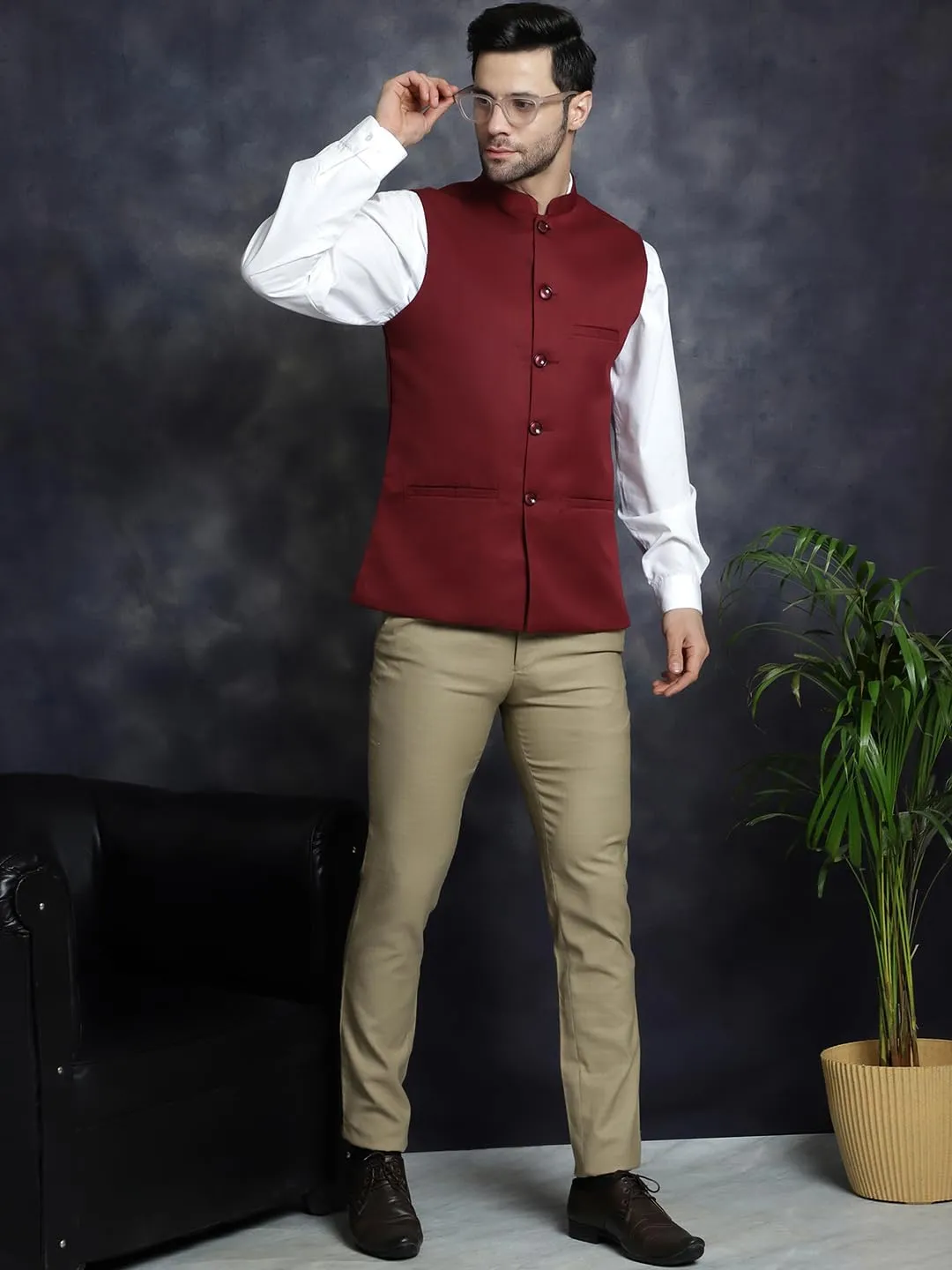 Maple Clothing Men's Nehru Jacket Solid Color Indian Traditional Vest Modi Waistcoat Bandhgala
