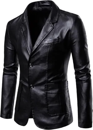 Mens 2 Button Leather Blazer Jacket Faux Leather Sport Suit Coat Regular Fit Lined Business PU Jackets