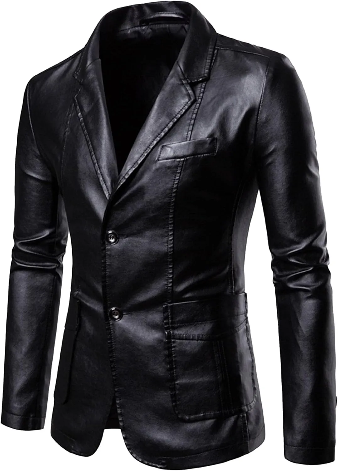 Mens 2 Button Leather Blazer Jacket Faux Leather Sport Suit Coat Regular Fit Lined Business PU Jackets