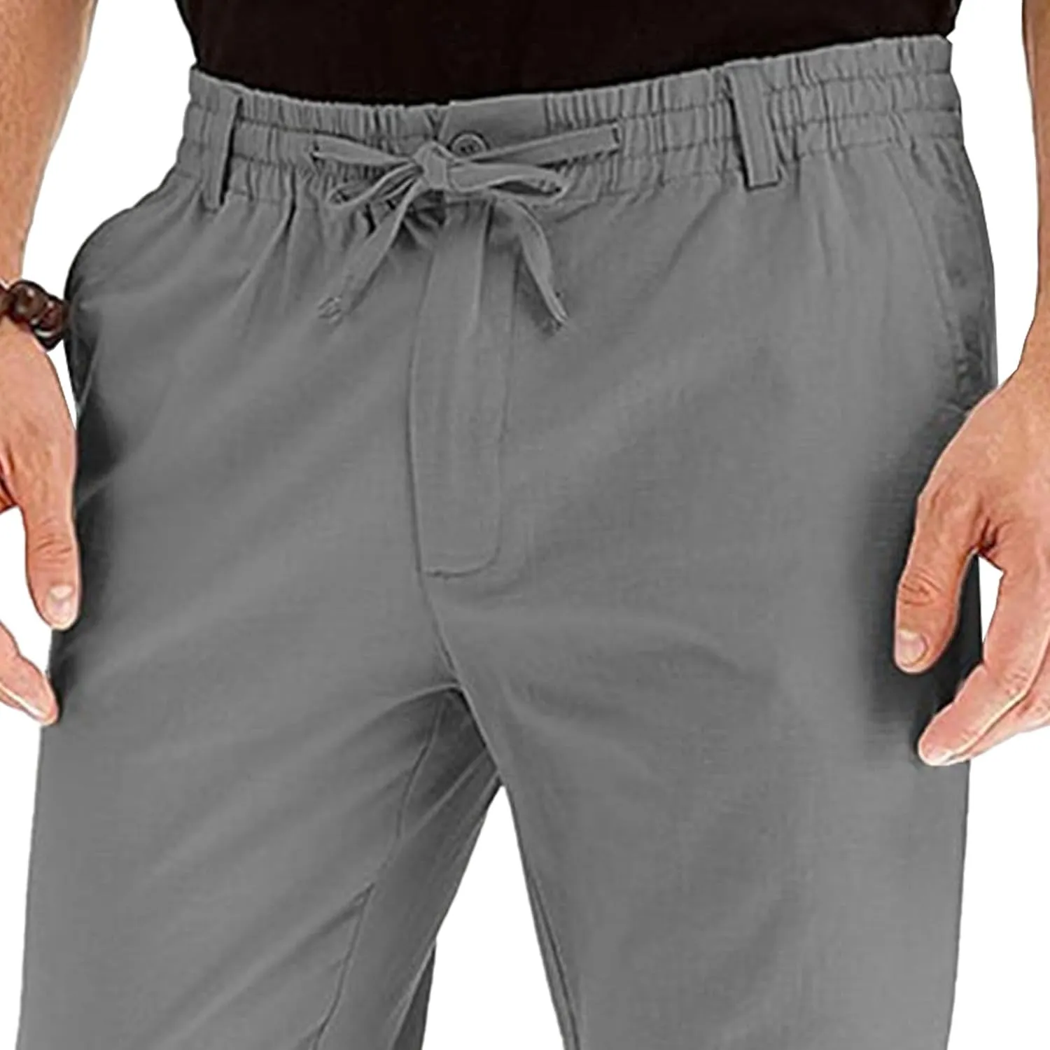 Men's Comfort Baggy Casual Pants Yoga Linen Straight Leg Hiking Pants Basic Solid Joggers Trousers