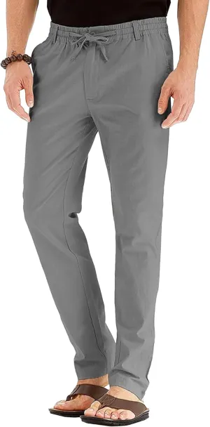 Men's Comfort Baggy Casual Pants Yoga Linen Straight Leg Hiking Pants Basic Solid Joggers Trousers