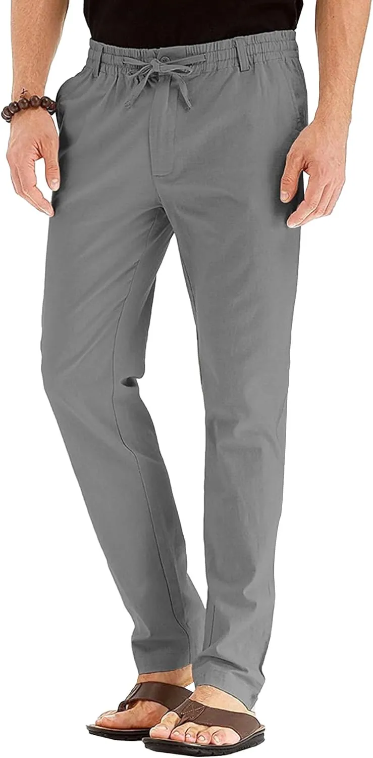 Men's Comfort Baggy Casual Pants Yoga Linen Straight Leg Hiking Pants Basic Solid Joggers Trousers