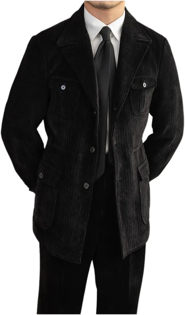 Men's Corduroy Safari Blazer Suit Military Style with Multi-Pockets
