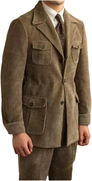 Men's Corduroy Safari Blazer Suit Military Style with Multi-Pockets