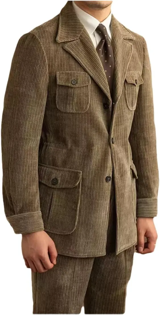 Men's Corduroy Safari Blazer Suit Military Style with Multi-Pockets