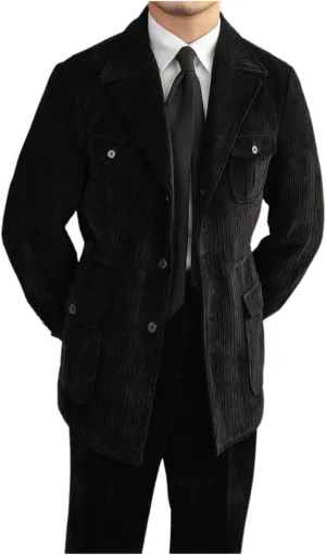 Men's Corduroy Safari Blazer Suit Military Style with Multi-Pockets