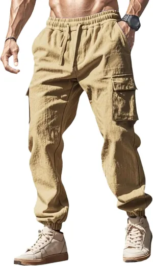 Men's Cotton Linen Baggy Cargo Pants Elastic Waist Casual Sweatpants Pants Drawstring Comfort Joggers Trousers