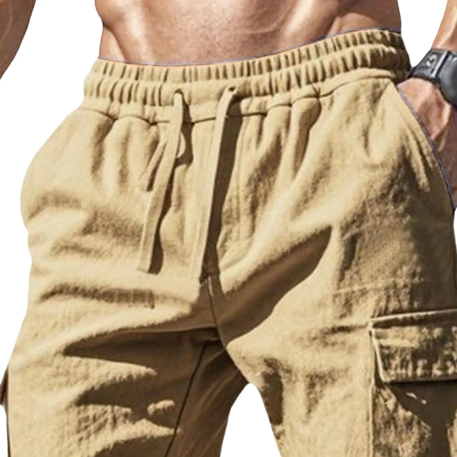 Men's Cotton Linen Baggy Cargo Pants Elastic Waist Casual Sweatpants Pants Drawstring Comfort Joggers Trousers