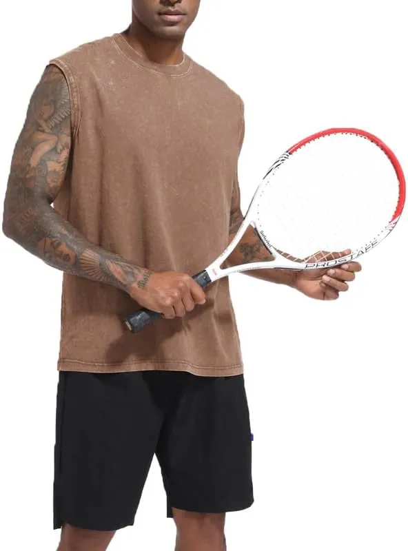 Mens Cotton Workout Gym Tank Top Sleeveless Cut Off Muscle Shirts Acid Wash Tshirts Running Beach Loose Fit Tees