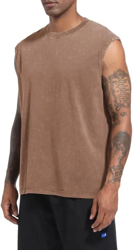 Mens Cotton Workout Gym Tank Top Sleeveless Cut Off Muscle Shirts Acid Wash Tshirts Running Beach Loose Fit Tees