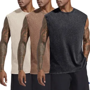 Mens Cotton Workout Gym Tank Top Sleeveless Cut Off Muscle Shirts Acid Wash Tshirts Running Beach Loose Fit Tees