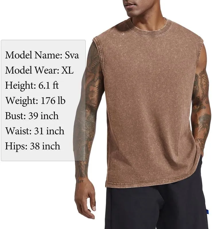 Mens Cotton Workout Gym Tank Top Sleeveless Cut Off Muscle Shirts Acid Wash Tshirts Running Beach Loose Fit Tees