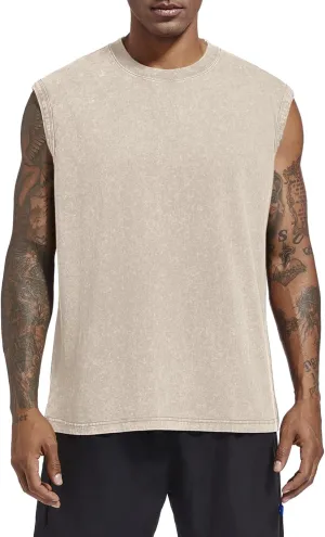 Mens Cotton Workout Gym Tank Top Sleeveless Cut Off Muscle Shirts Acid Wash Tshirts Running Beach Loose Fit Tees