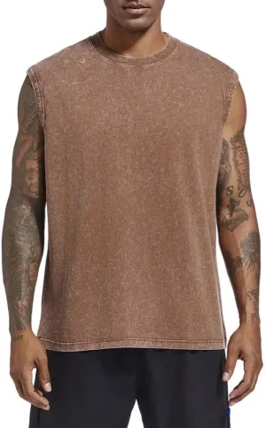 Mens Cotton Workout Gym Tank Top Sleeveless Cut Off Muscle Shirts Acid Wash Tshirts Running Beach Loose Fit Tees