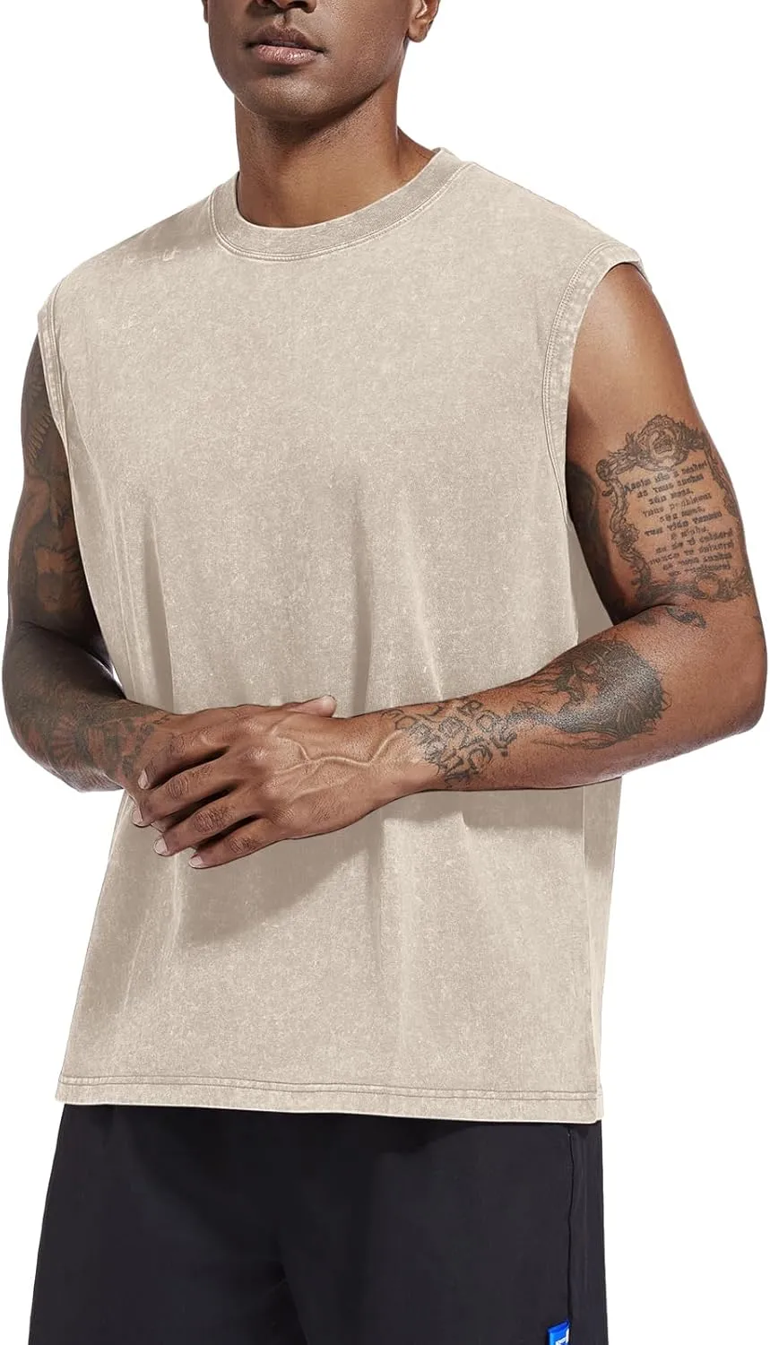Mens Cotton Workout Gym Tank Top Sleeveless Cut Off Muscle Shirts Acid Wash Tshirts Running Beach Loose Fit Tees