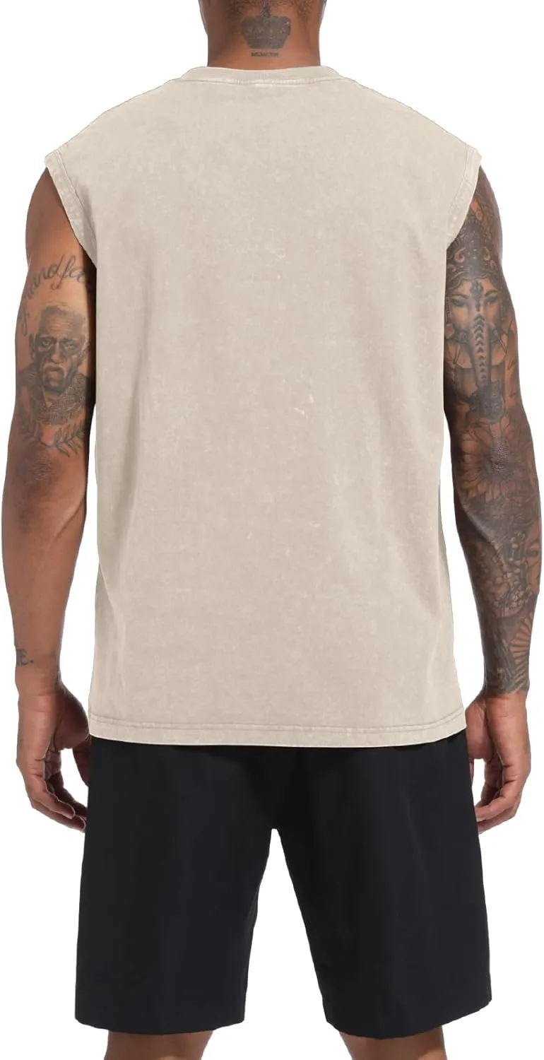 Mens Cotton Workout Gym Tank Top Sleeveless Cut Off Muscle Shirts Acid Wash Tshirts Running Beach Loose Fit Tees