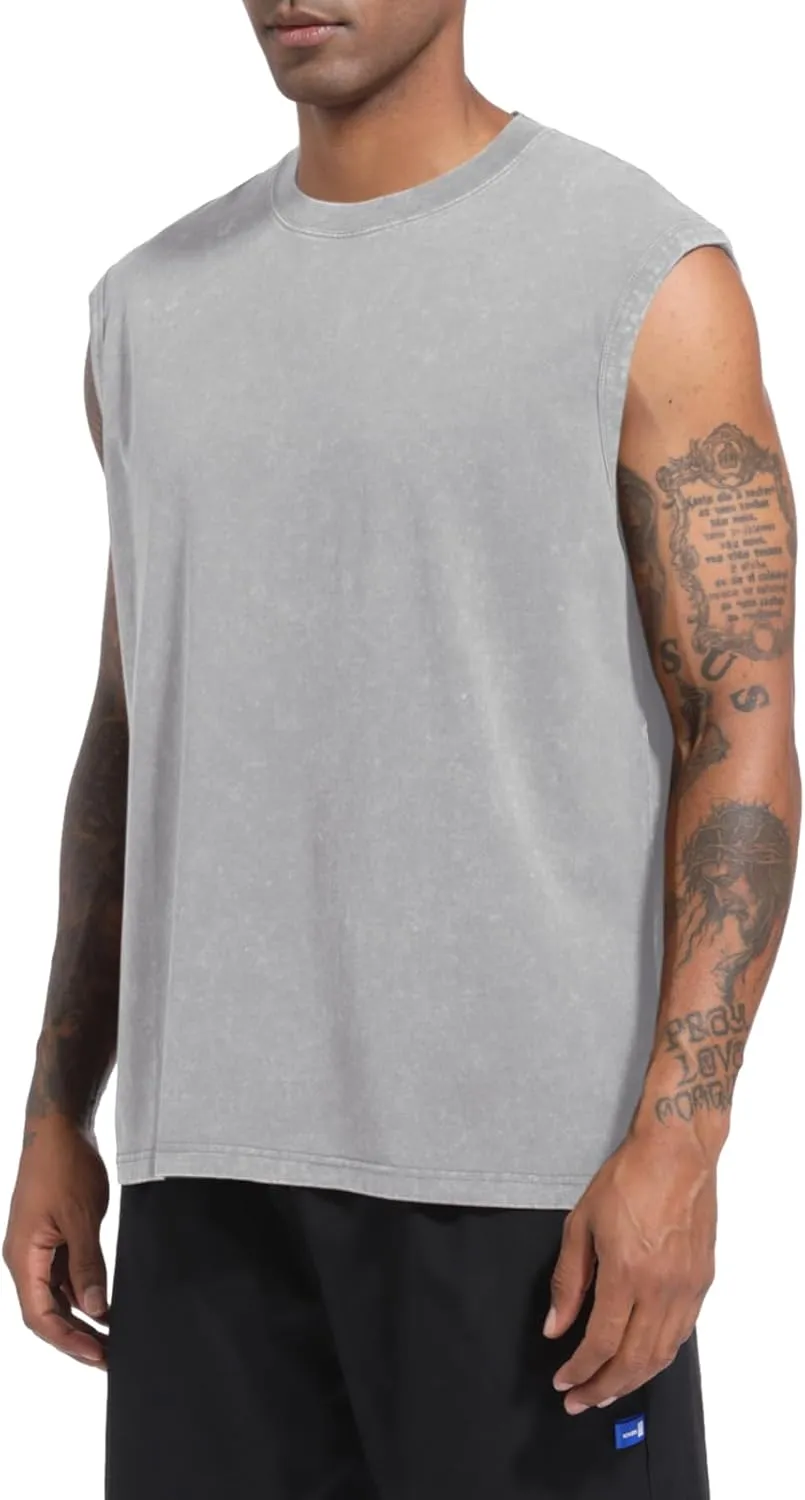 Mens Cotton Workout Gym Tank Top Sleeveless Cut Off Muscle Shirts Acid Wash Tshirts Running Beach Loose Fit Tees