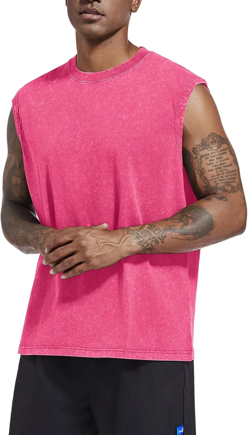 Mens Cotton Workout Gym Tank Top Sleeveless Cut Off Muscle Shirts Acid Wash Tshirts Running Beach Loose Fit Tees