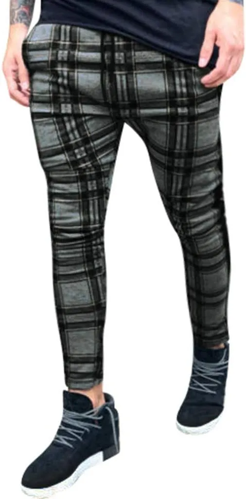 Men's Slim Fit Plaid Pants Stretch Waist Athletic Casual Trousers Breathable Slacks Comfy Work Joggers Pants with Pockets Dark Gray