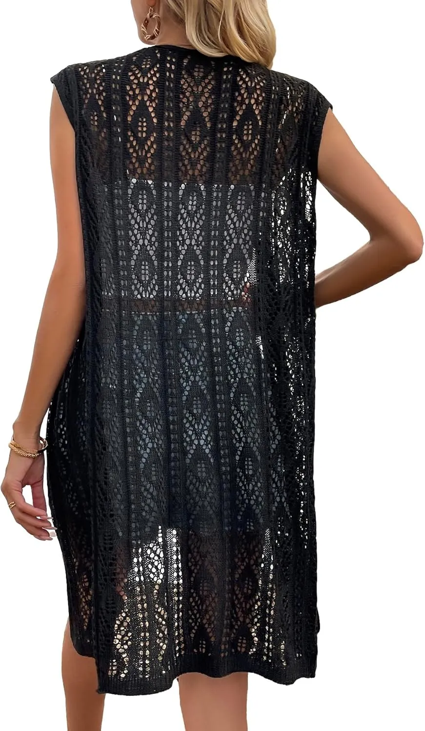 Milumia Women's Sleeveless Long Sweater Vest Crochet Knit Open Front Cardigan Hollow Out Kimono Cardigan