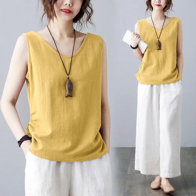 Mimi Cotton Linen V-neck Tank Top