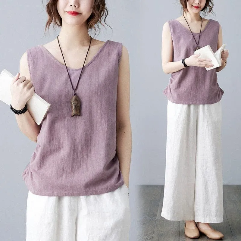 Mimi Cotton Linen V-neck Tank Top