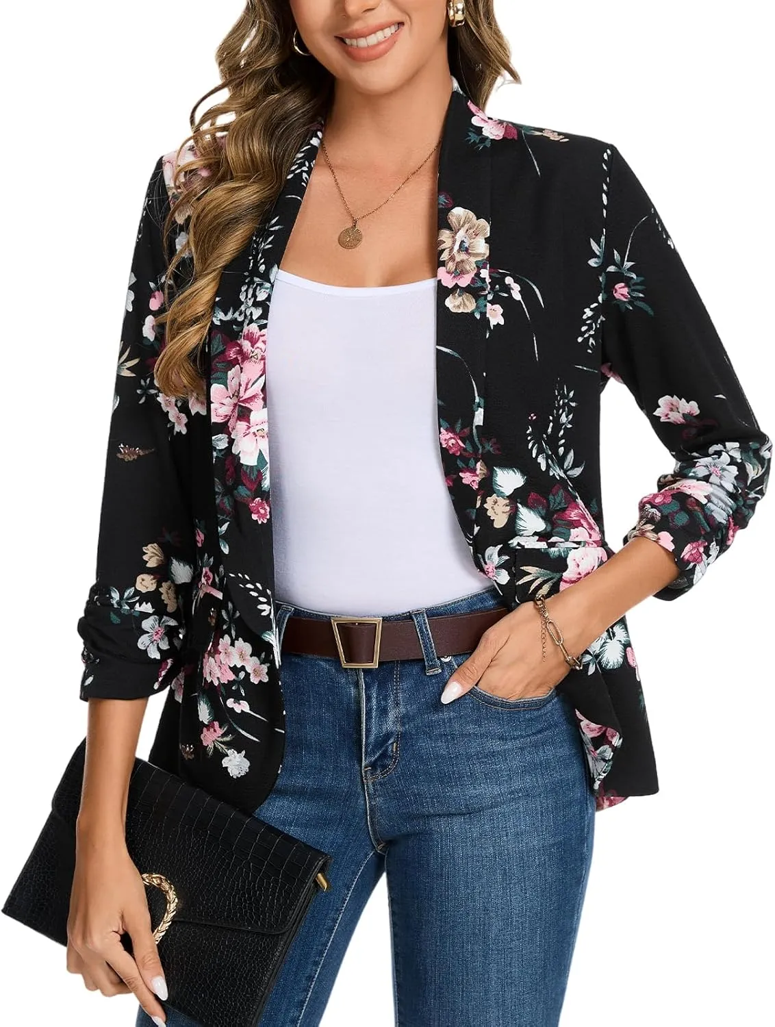 MINTLIMIT Womens Blazer 3/4 Ruched Sleeve Shawl Collar Business Work Blazers Open Front Casual Jackets with Pockets