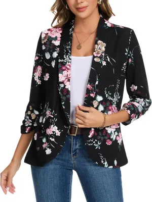 MINTLIMIT Womens Blazer 3/4 Ruched Sleeve Shawl Collar Business Work Blazers Open Front Casual Jackets with Pockets