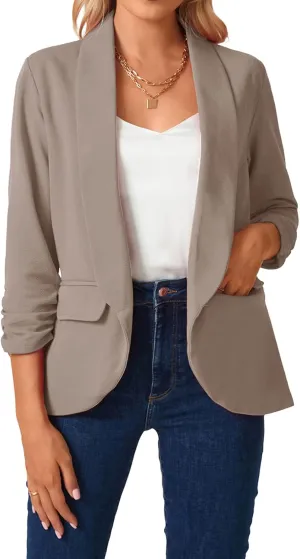 MINTLIMIT Womens Blazer 3/4 Ruched Sleeve Shawl Collar Business Work Blazers Open Front Casual Jackets with Pockets