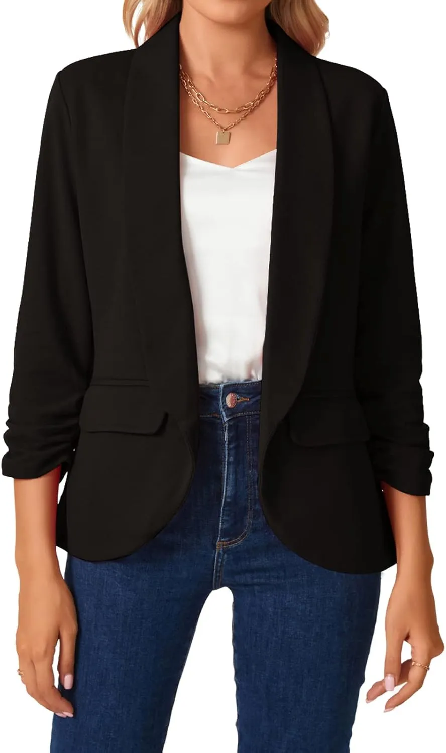 MINTLIMIT Womens Blazer 3/4 Ruched Sleeve Shawl Collar Business Work Blazers Open Front Casual Jackets with Pockets