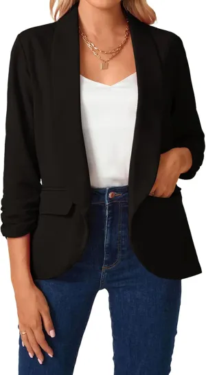 MINTLIMIT Womens Blazer 3/4 Ruched Sleeve Shawl Collar Business Work Blazers Open Front Casual Jackets with Pockets