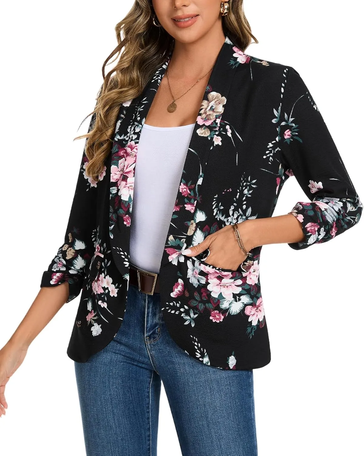 MINTLIMIT Womens Blazer 3/4 Ruched Sleeve Shawl Collar Business Work Blazers Open Front Casual Jackets with Pockets