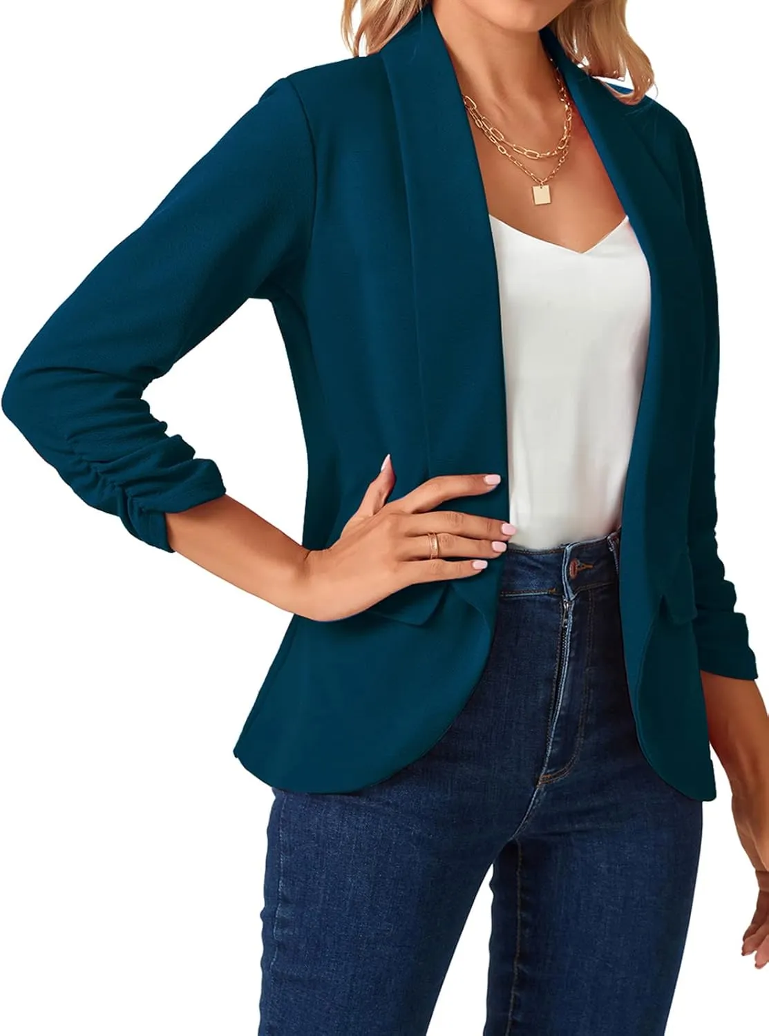 MINTLIMIT Womens Blazer 3/4 Ruched Sleeve Shawl Collar Business Work Blazers Open Front Casual Jackets with Pockets