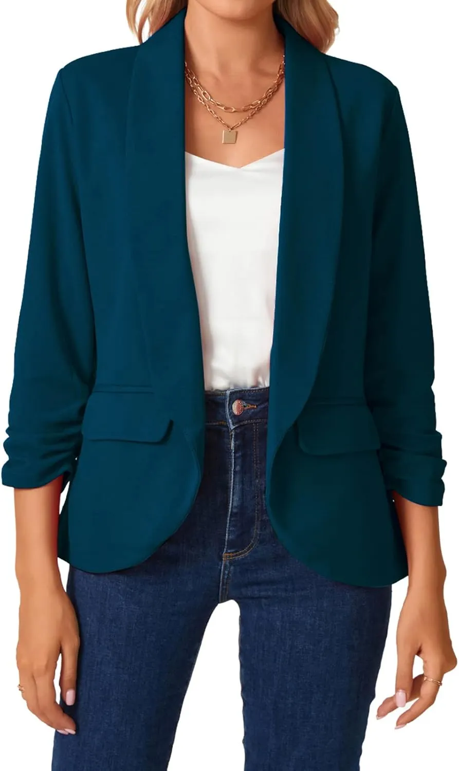 MINTLIMIT Womens Blazer 3/4 Ruched Sleeve Shawl Collar Business Work Blazers Open Front Casual Jackets with Pockets