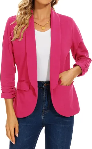 MINTLIMIT Womens Blazer 3/4 Ruched Sleeve Shawl Collar Business Work Blazers Open Front Casual Jackets with Pockets