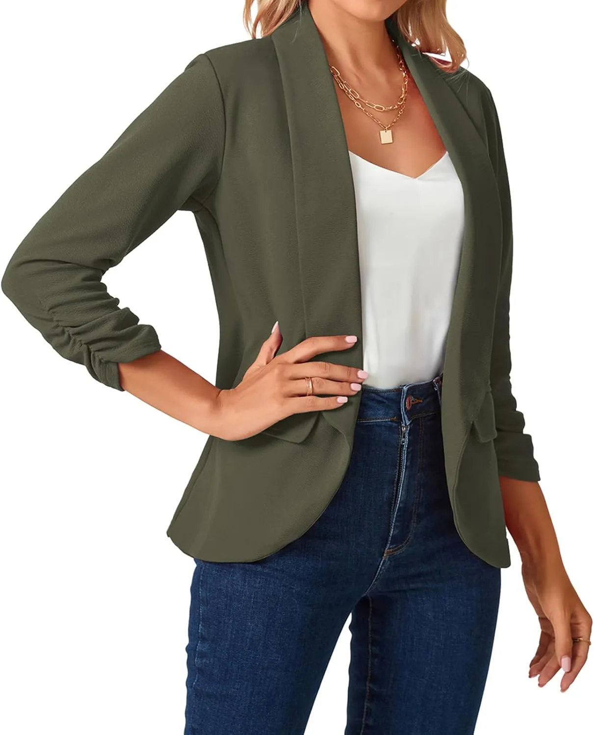 MINTLIMIT Womens Blazer 3/4 Ruched Sleeve Shawl Collar Business Work Blazers Open Front Casual Jackets with Pockets