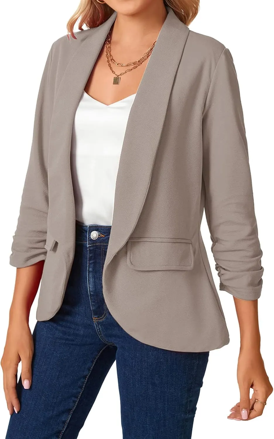 MINTLIMIT Womens Blazer 3/4 Ruched Sleeve Shawl Collar Business Work Blazers Open Front Casual Jackets with Pockets