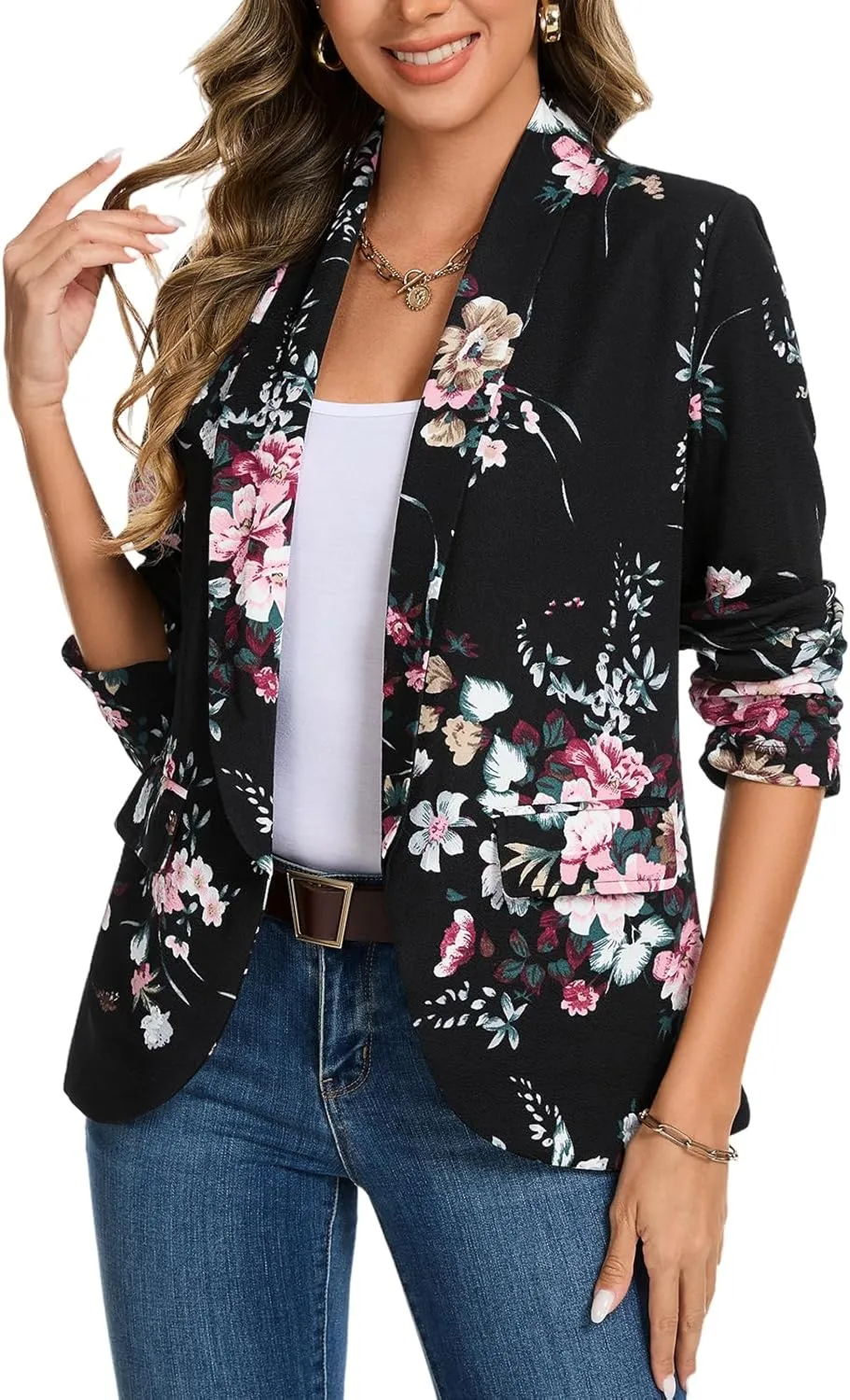 MINTLIMIT Womens Blazer 3/4 Ruched Sleeve Shawl Collar Business Work Blazers Open Front Casual Jackets with Pockets
